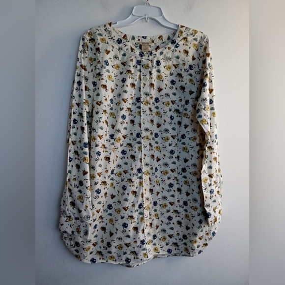 Duluth Trading Women White w/Multicolor Floral Button Down Tunic Top size Large - Picture 1 of 9